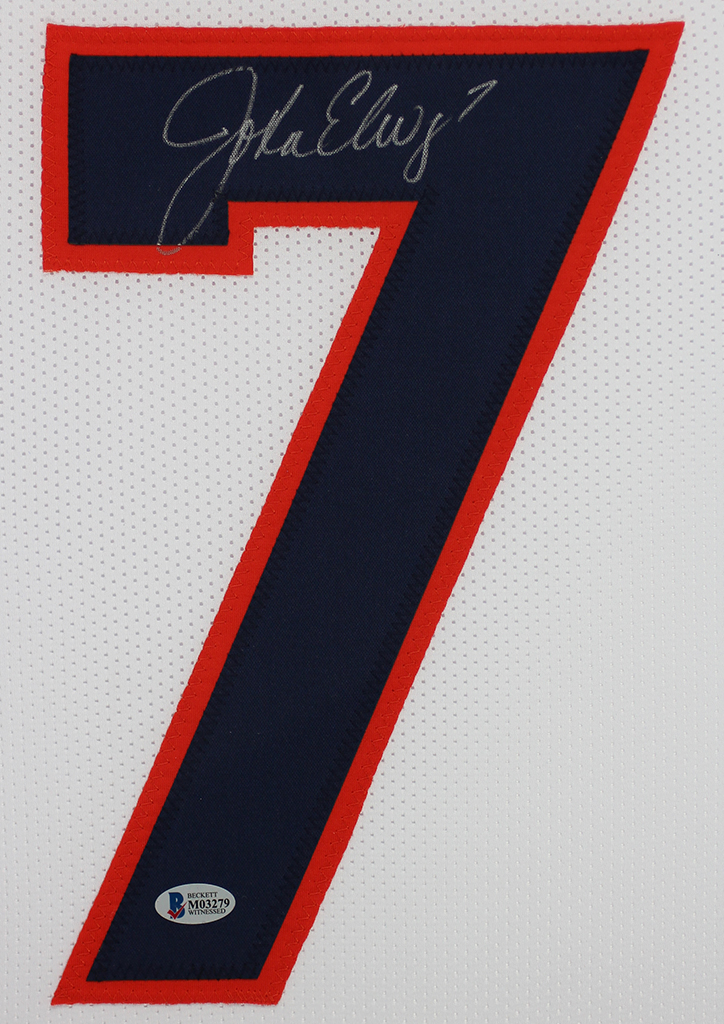 John Elway Autographed and Framed White Broncos Jersey Auto Beckett COA